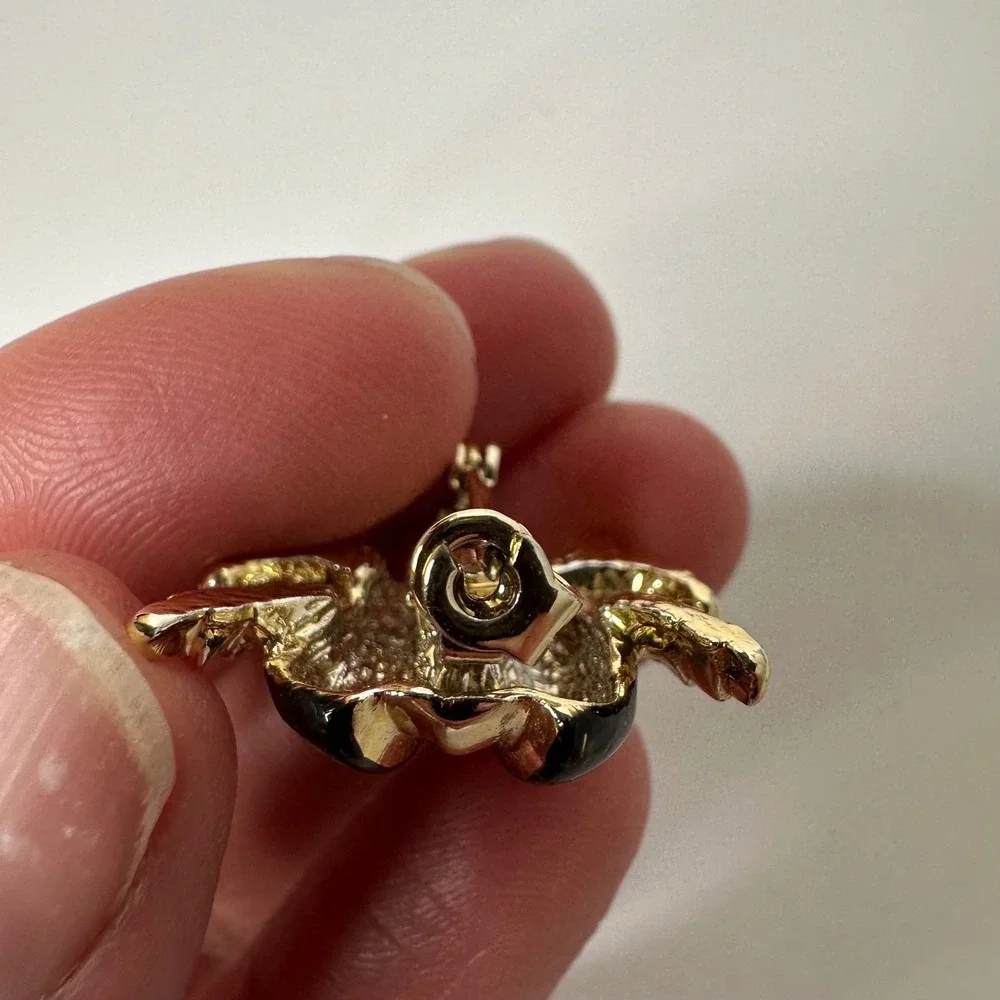 Ladybug Beetle Brooch‎ Black Enamel Red Polka Dot Green Eyes Gold Tone Vintage